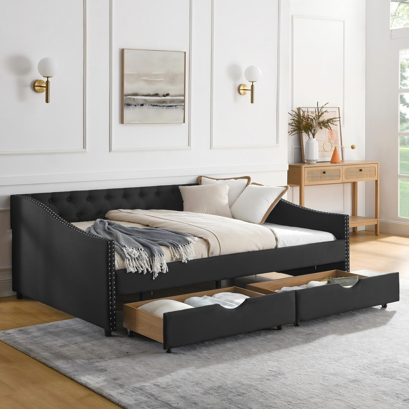 Modern Linen Upholstered Daybed with Double Drawers