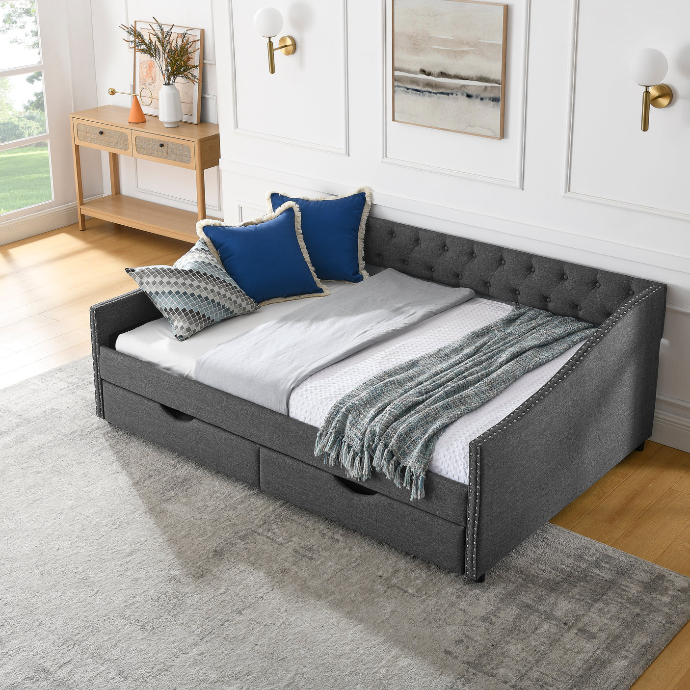 Modern Linen Upholstered Daybed with Double Drawers