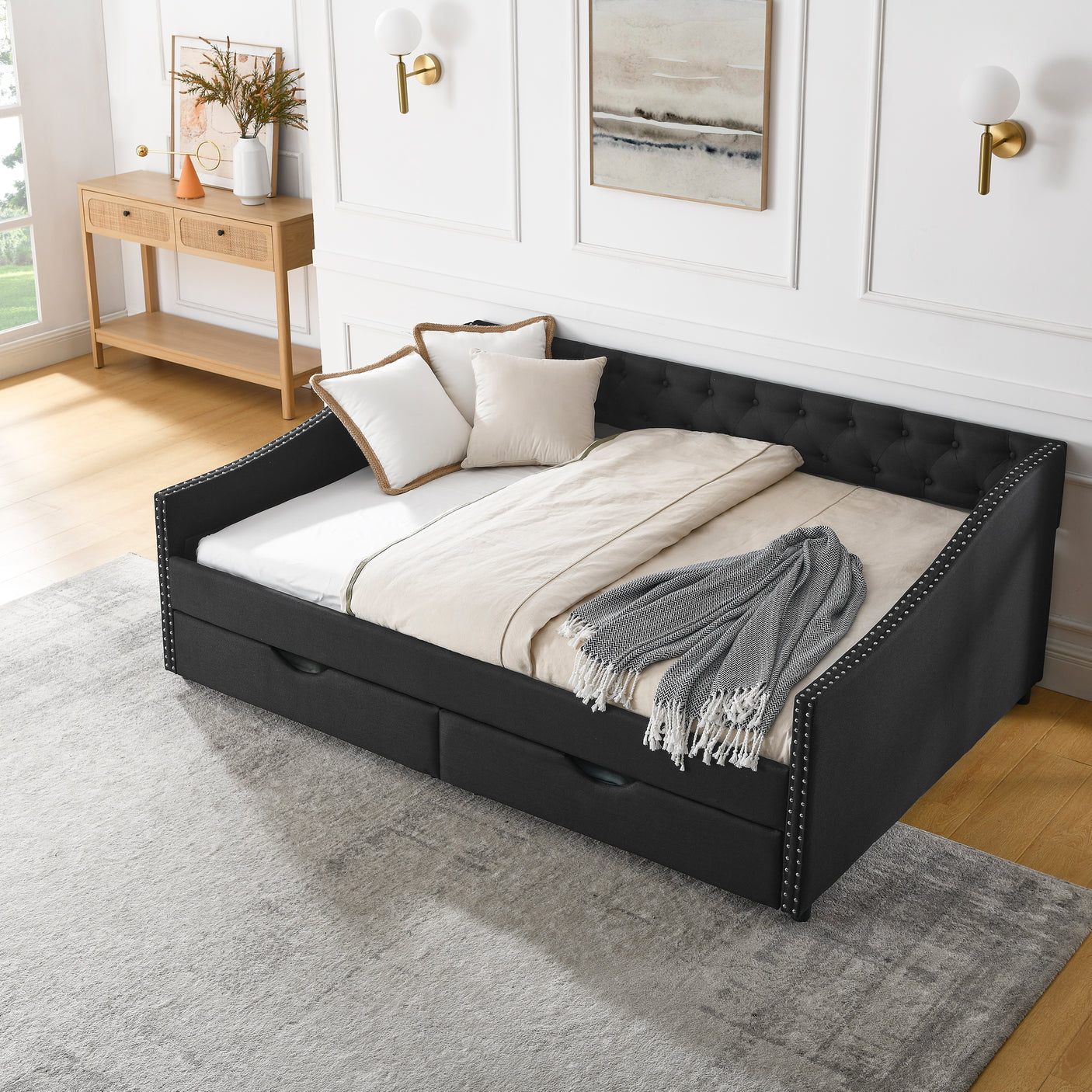 Modern Linen Upholstered Daybed with Double Drawers