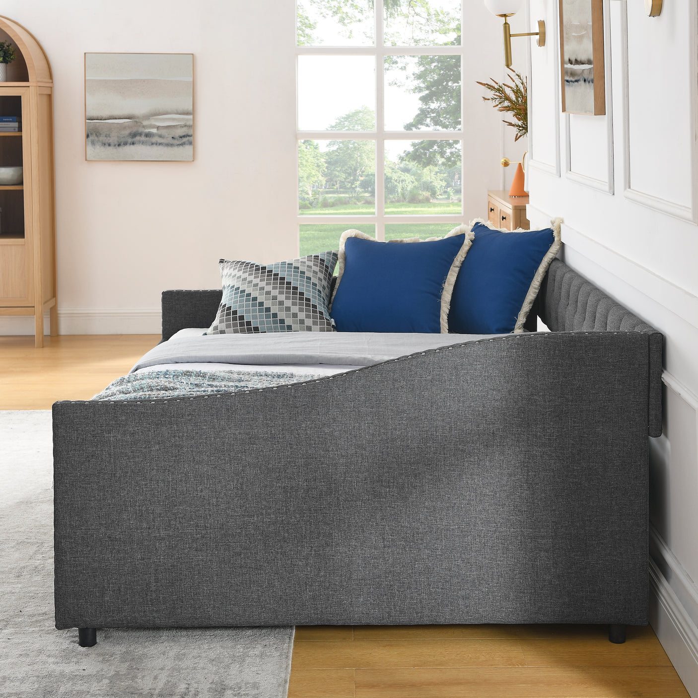 Modern Linen Upholstered Daybed with Double Drawers