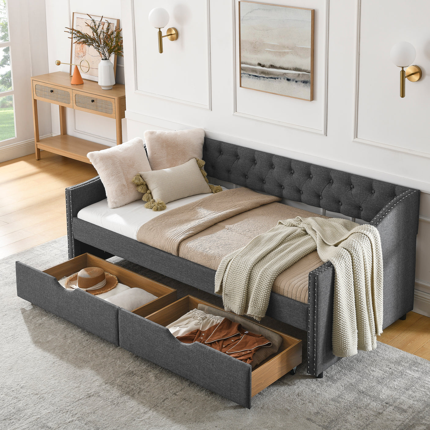 Modern Linen Upholstered Daybed with Double Drawers