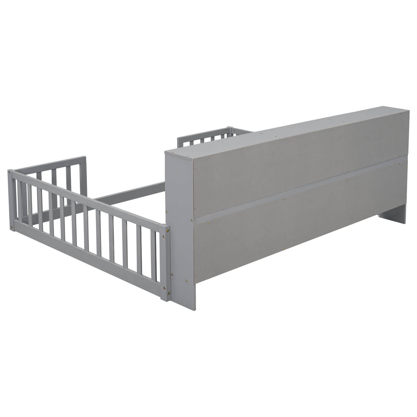 Wood Bed Frame with Bookcase & Shelves