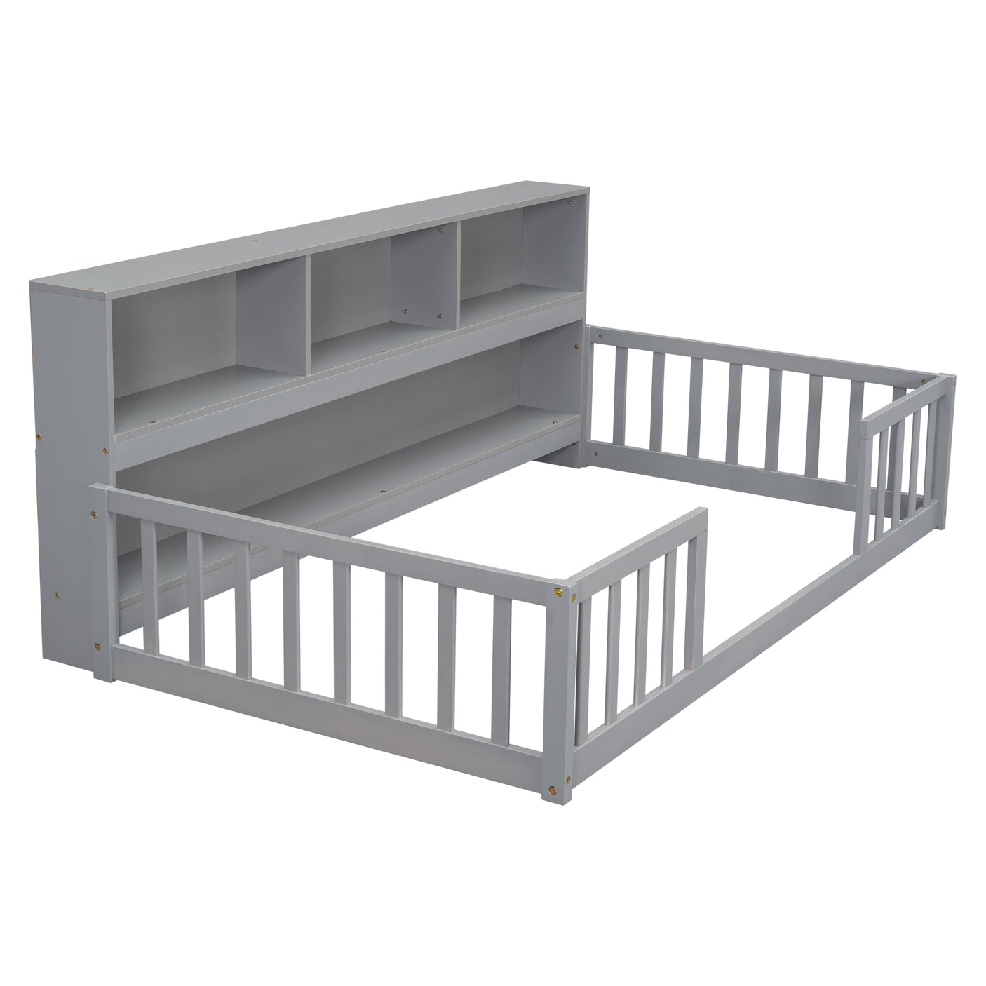 Wood Bed Frame with Bookcase & Shelves