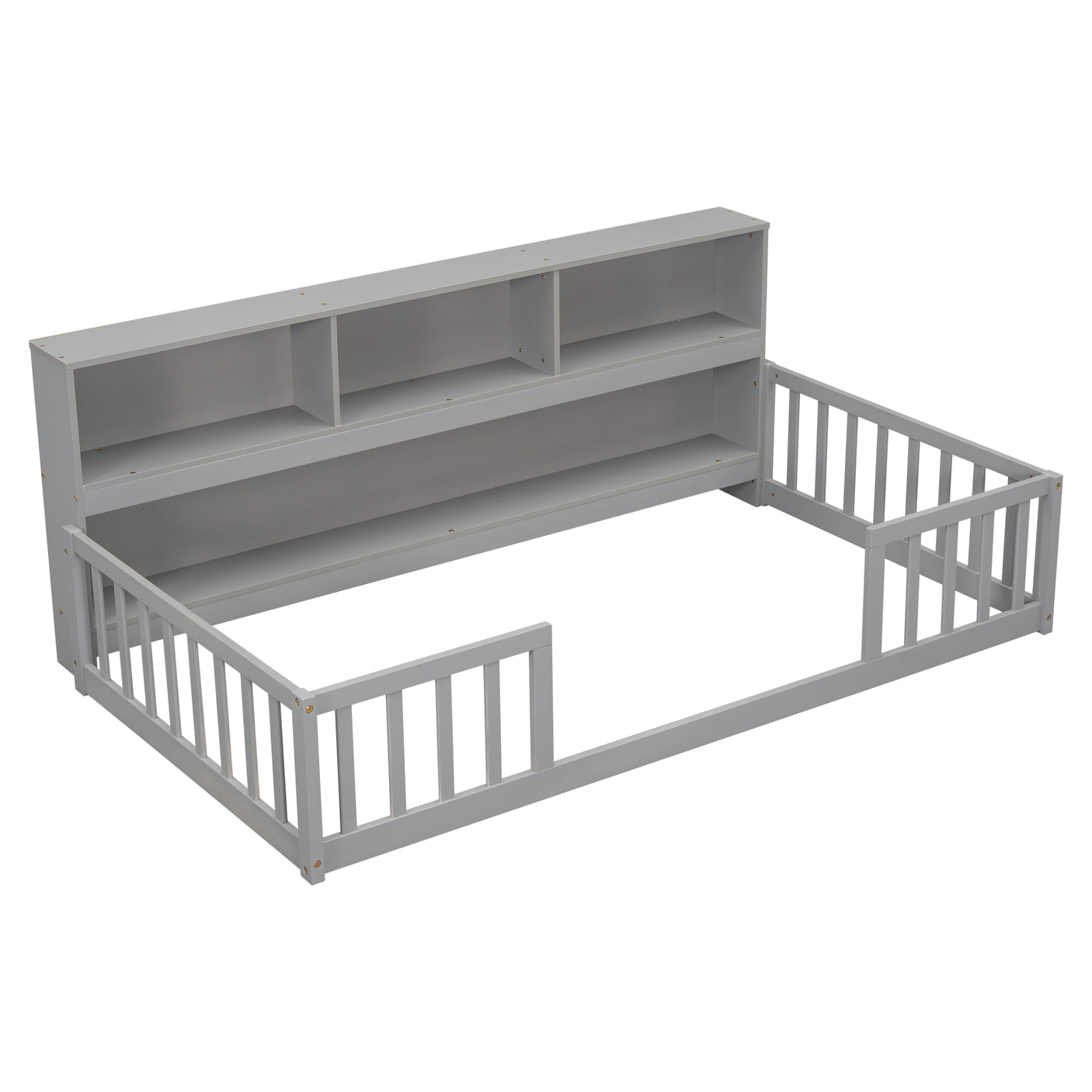 Wood Bed Frame with Bookcase & Shelves