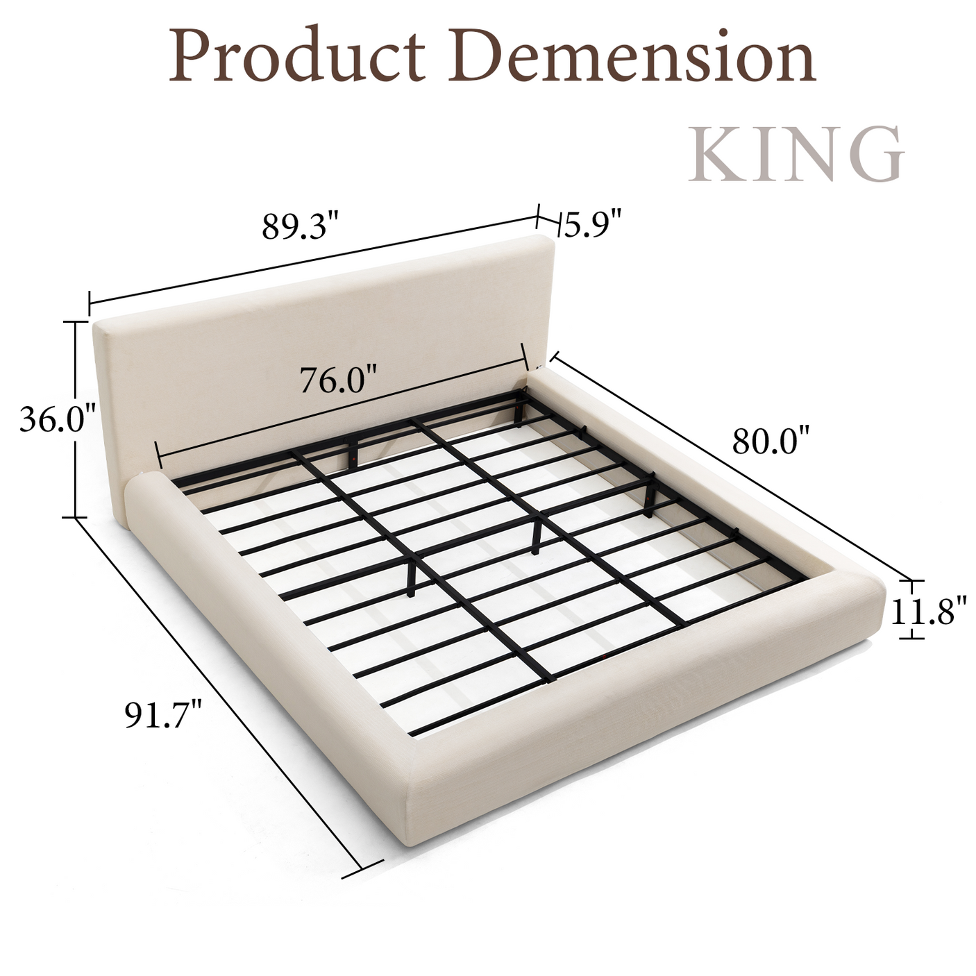 Premium Upholstered Platform Bed Frame with 6.3" Padded Headboard