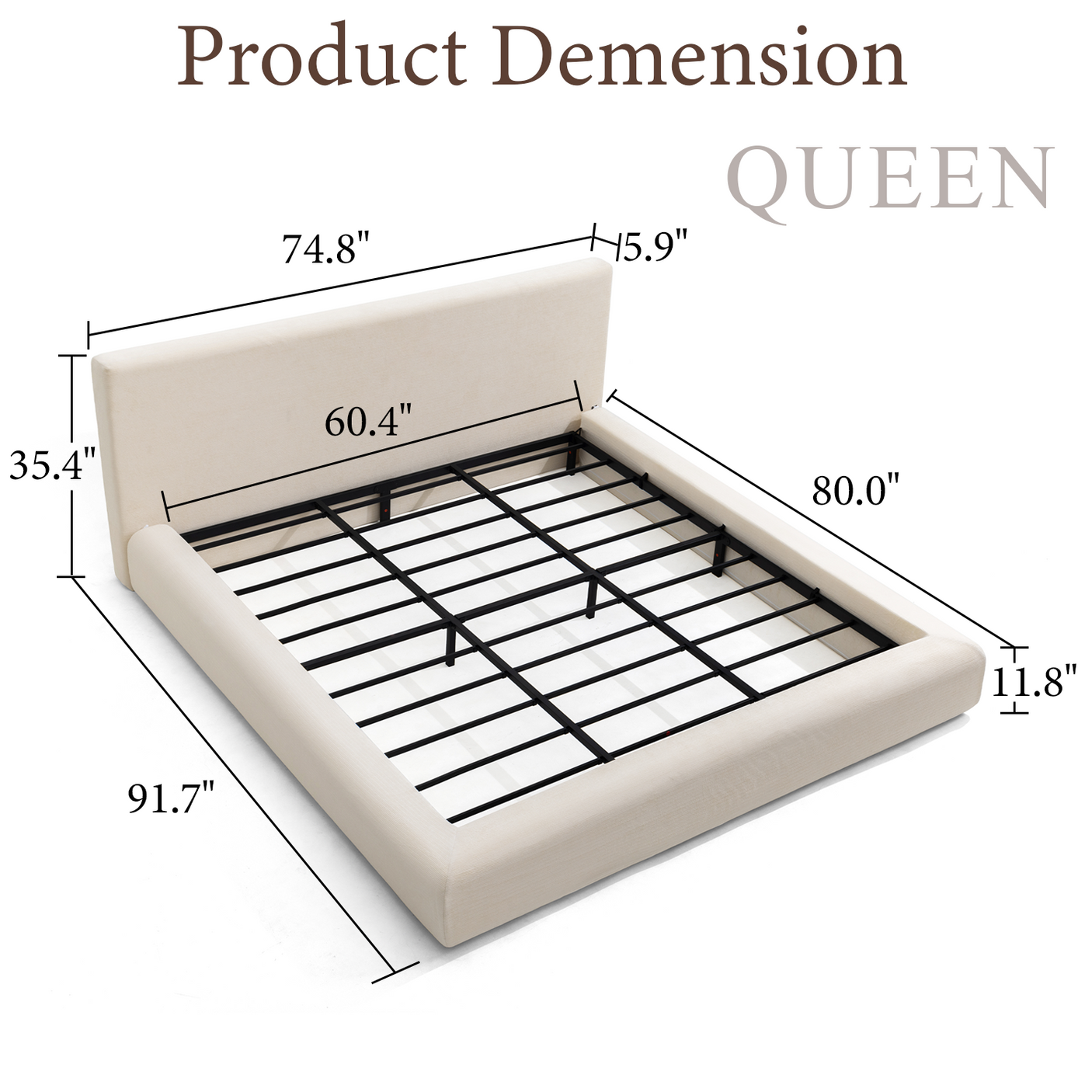 Premium Upholstered Platform Bed Frame with 6.3" Padded Headboard