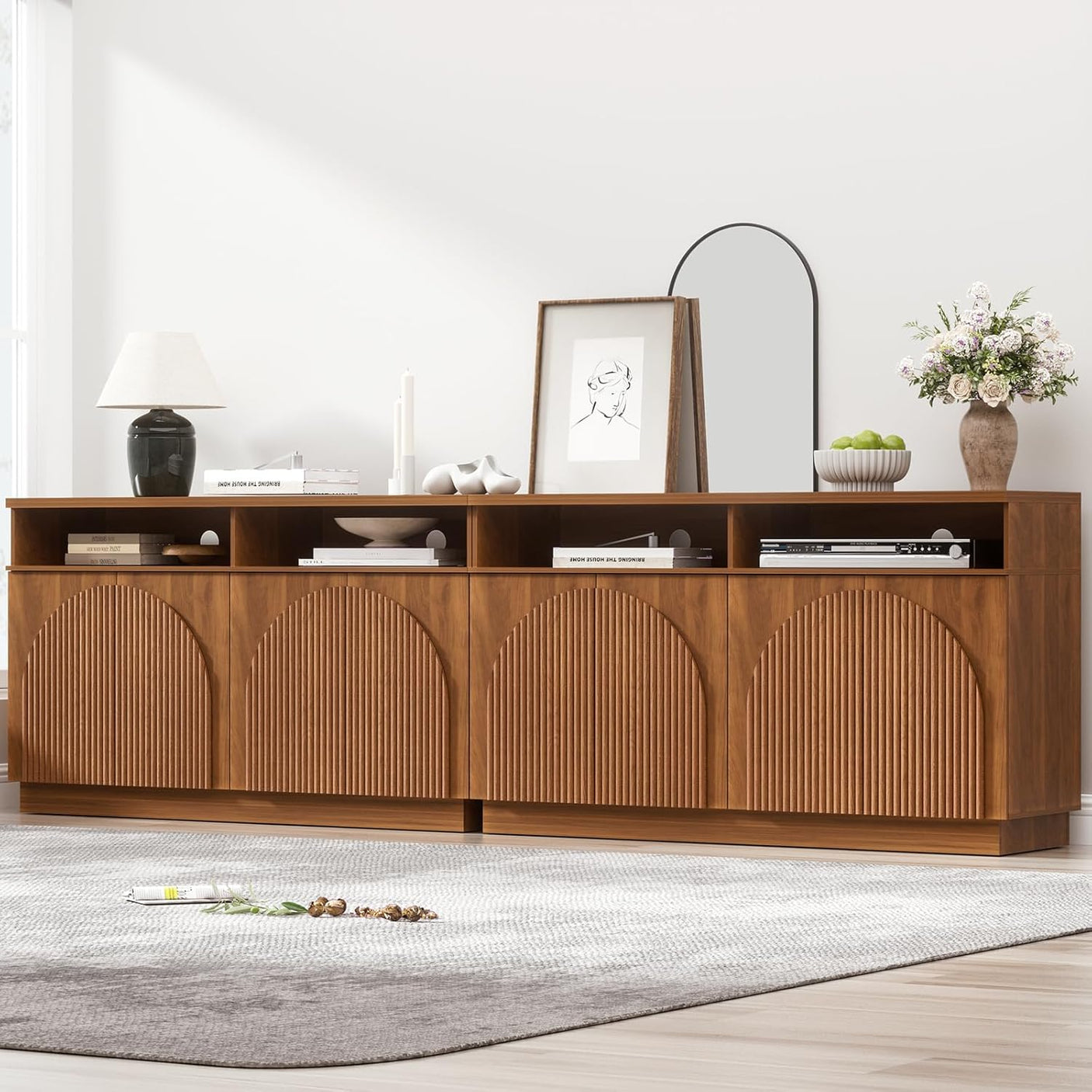Fluted Sideboard Buffet Cabinet with Arched Reeded Doors - Mid Century Modern Storage