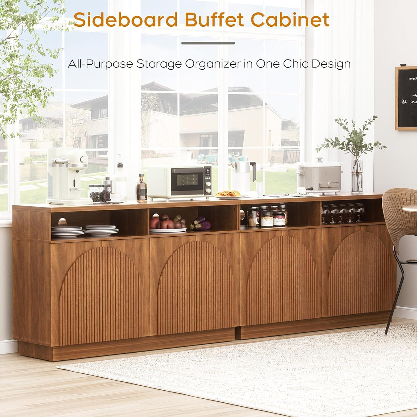 Fluted Sideboard Buffet Cabinet with Arched Reeded Doors - Mid Century Modern Storage