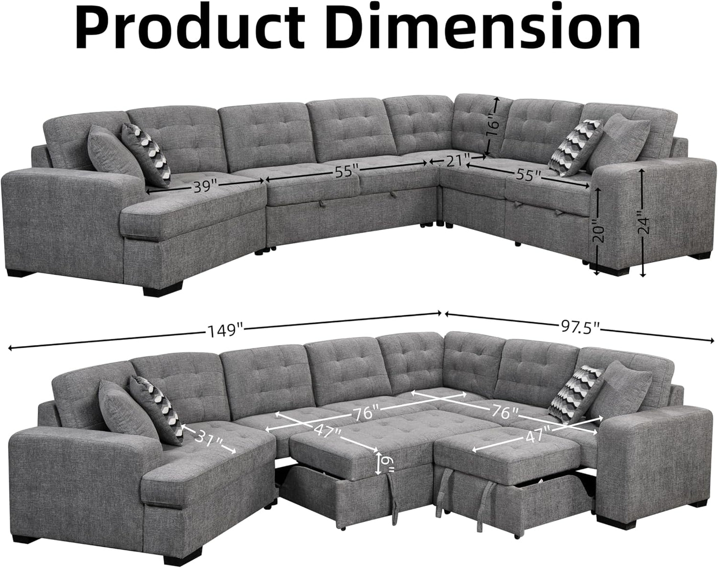 149'' Oversized Large Sectional Sleeper Sofa with Pull Out Bed & Cuddler | 7-Seater L-Shaped Sectional Couch with Chaise Lounge