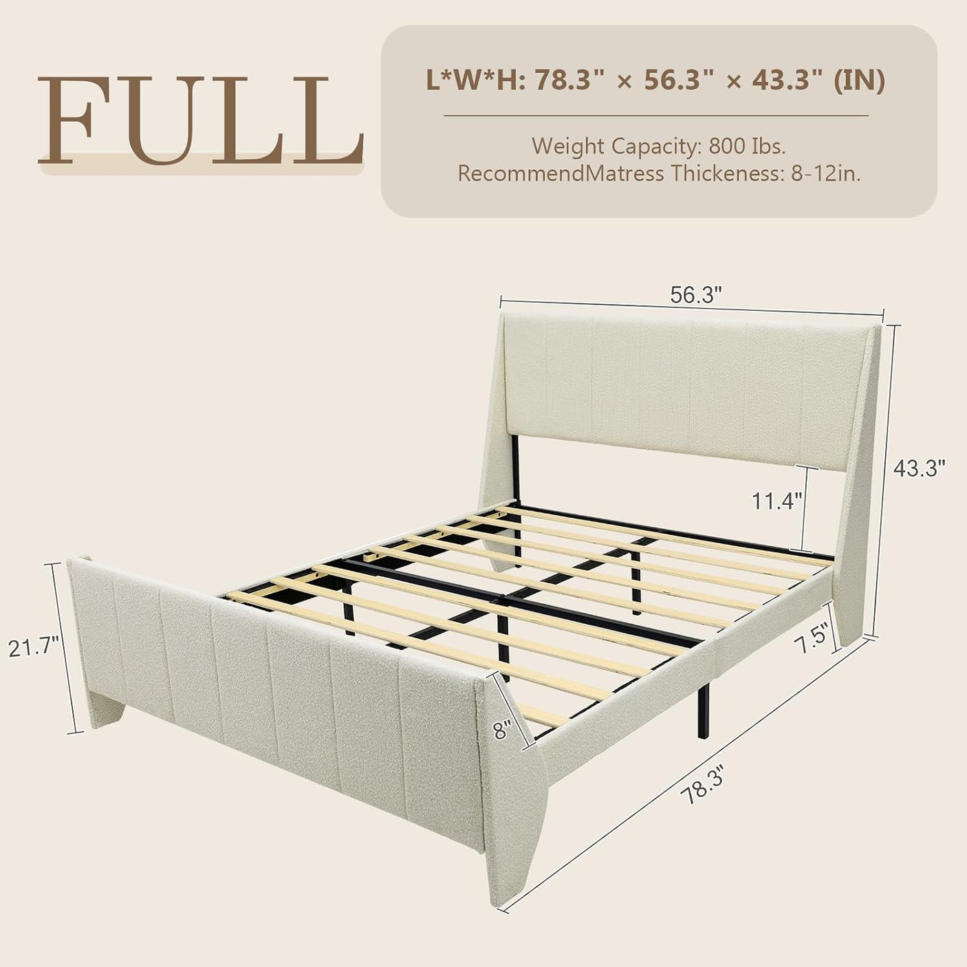 Yechen Boucle Wingback Bed Frame – Upholstered Enclosed Headboard, Full & Queen