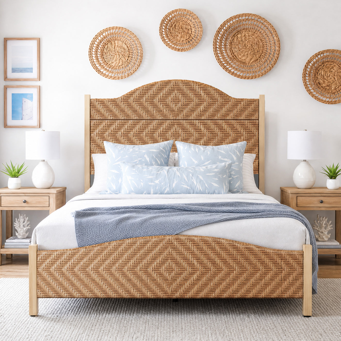 Yechen Rattan Bed Frame | Boho Tall Headboard with Solid Wood Legs