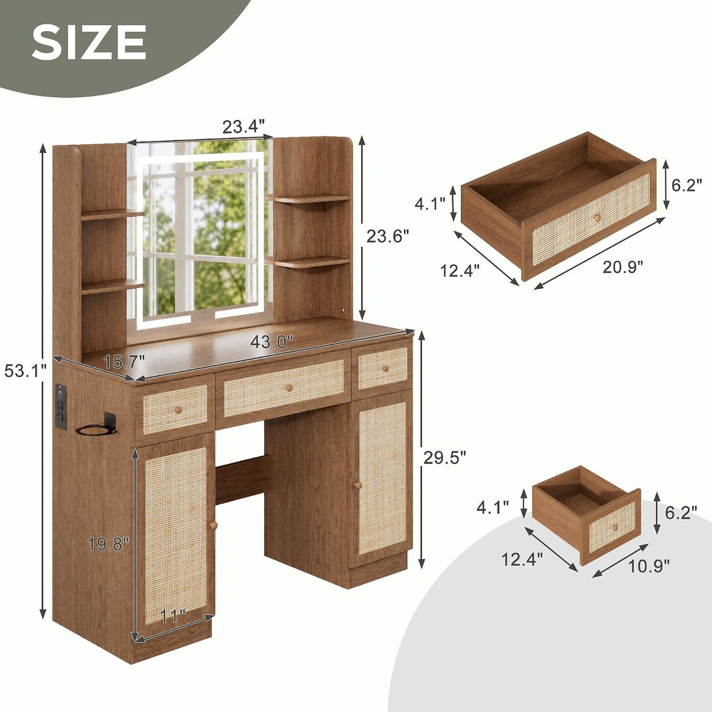 Yechen 43" Boho Makeup Vanity Desk with Sliding LED Mirror & Built-in Power Strip, Modern Rattan Dressing Table Set with Cushioned Stool for Bedroom