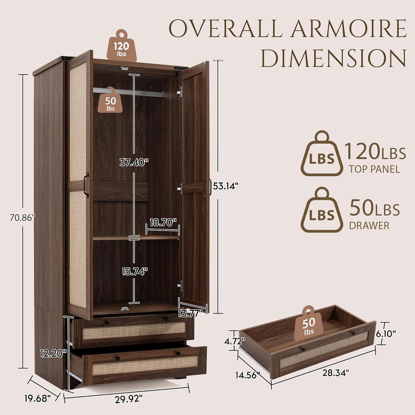 Yechen Walnut Wooden Wardrobe Closet with Rattan Doors, Drawers & Shelves | Farmhouse Armoire for Bedroom