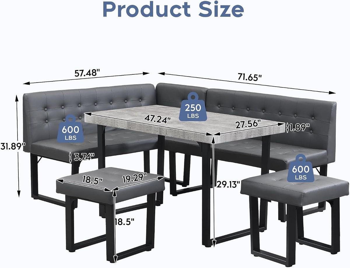 72" Corner Breakfast Nook Table Set with Storage Bench | L-Shaped Booth Dining Set, Seats 6, Grey