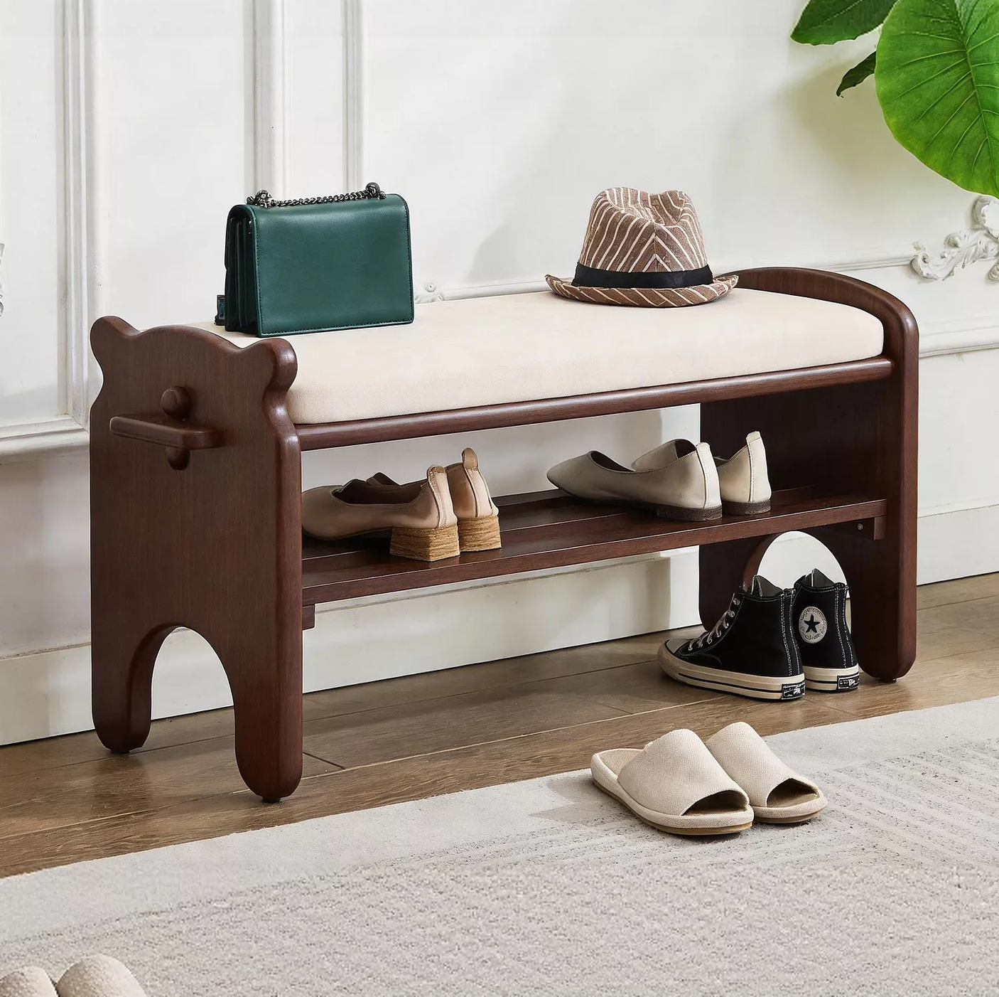 Yechen Bear Shoe Bench, Solid Wood Entryway Bench with Cushion & 2-Tier Shoe Rack