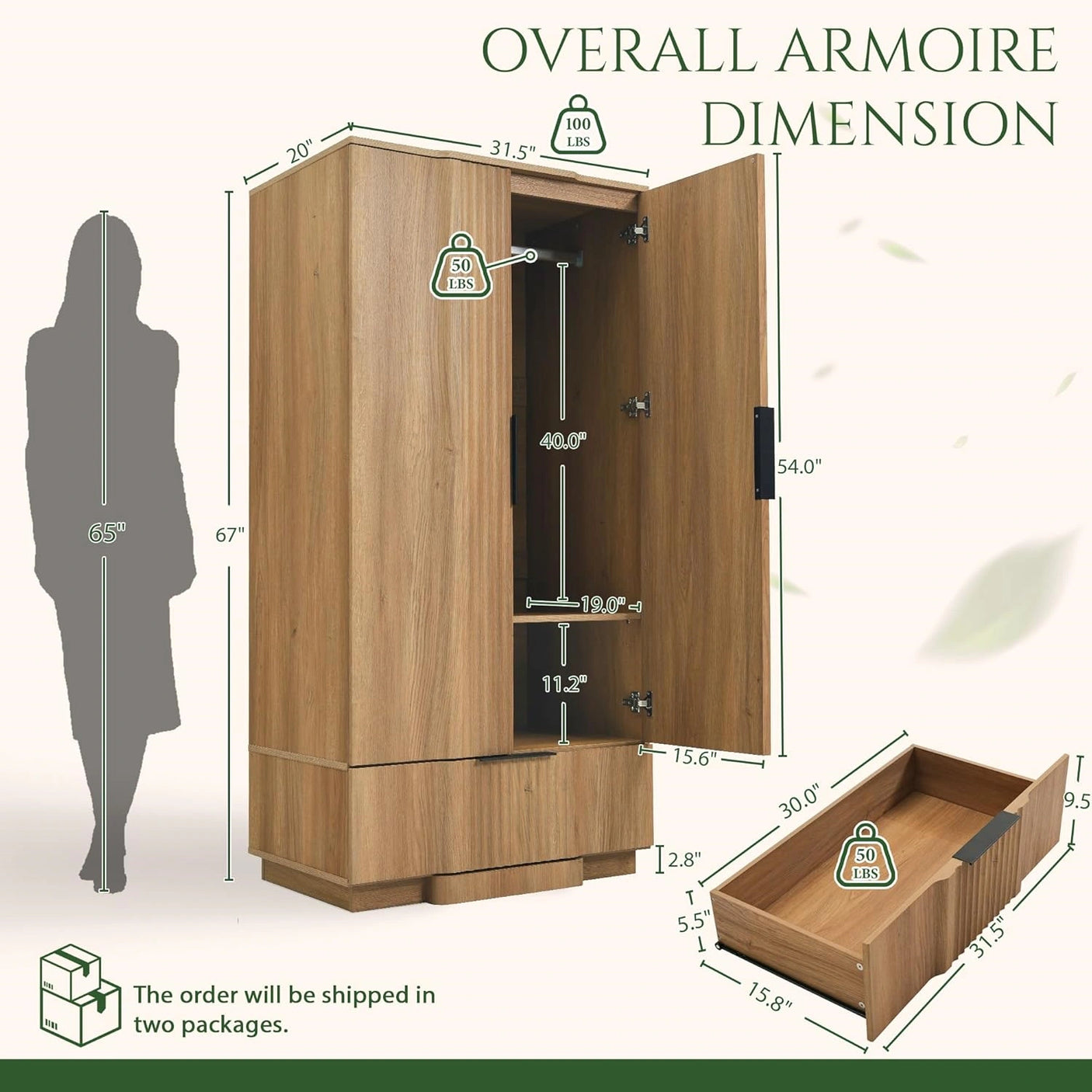 Yechen 67" Fluted Oak Armoire Wardrobe with Doors & Drawer - Natural Wood Closet Cabinet