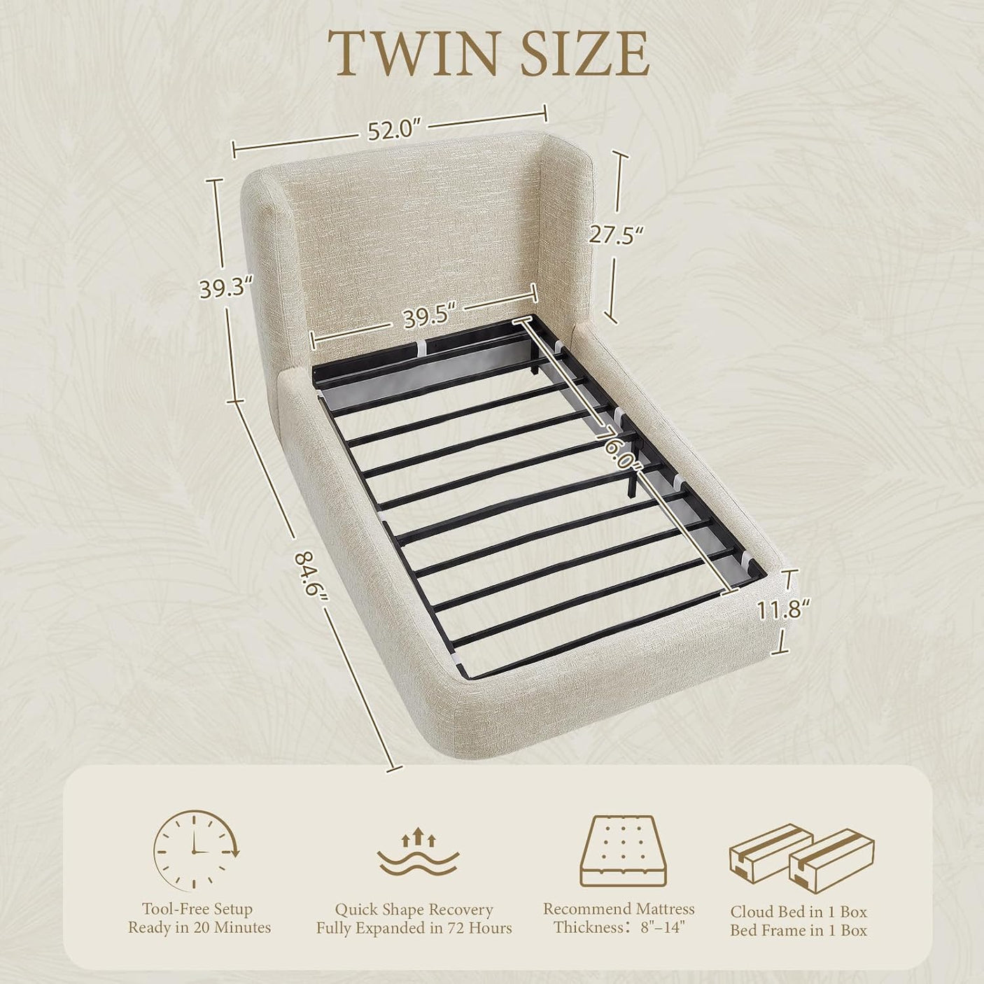 YECHEN Cloud Bed Frame - Modern Water-Resistant Bouclé Upholstered Platform Bed, Tool-Free Assembly, No Box Spring Needed
