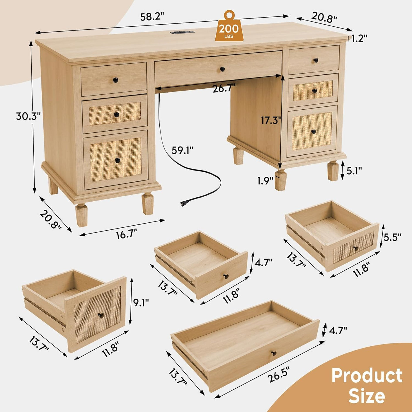 58'' Wood Executive Desk with 3 Drawers & 2 Cabinet