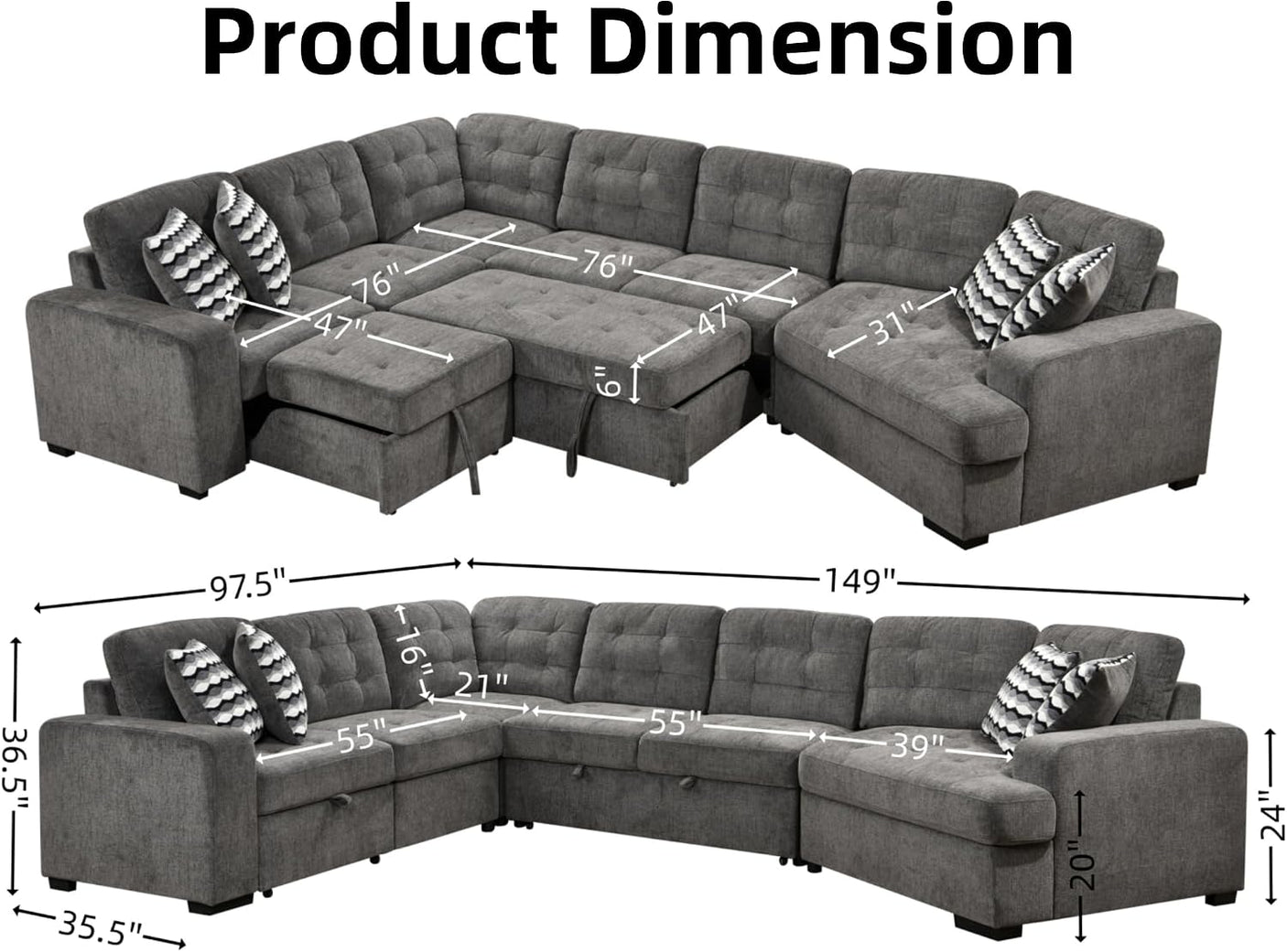 149'' Oversized Large Sectional Sleeper Sofa with Pull Out Bed & Cuddler | 7-Seater L-Shaped Sectional Couch with Chaise Lounge