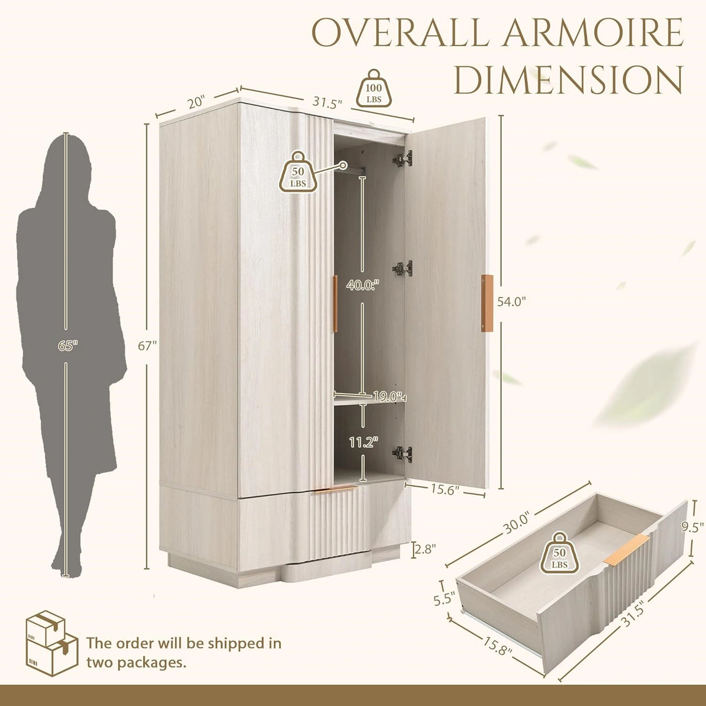 Yechen 67" Fluted White Armoire Wardrobe with Doors & Drawer - Natural Wood Closet Cabinet