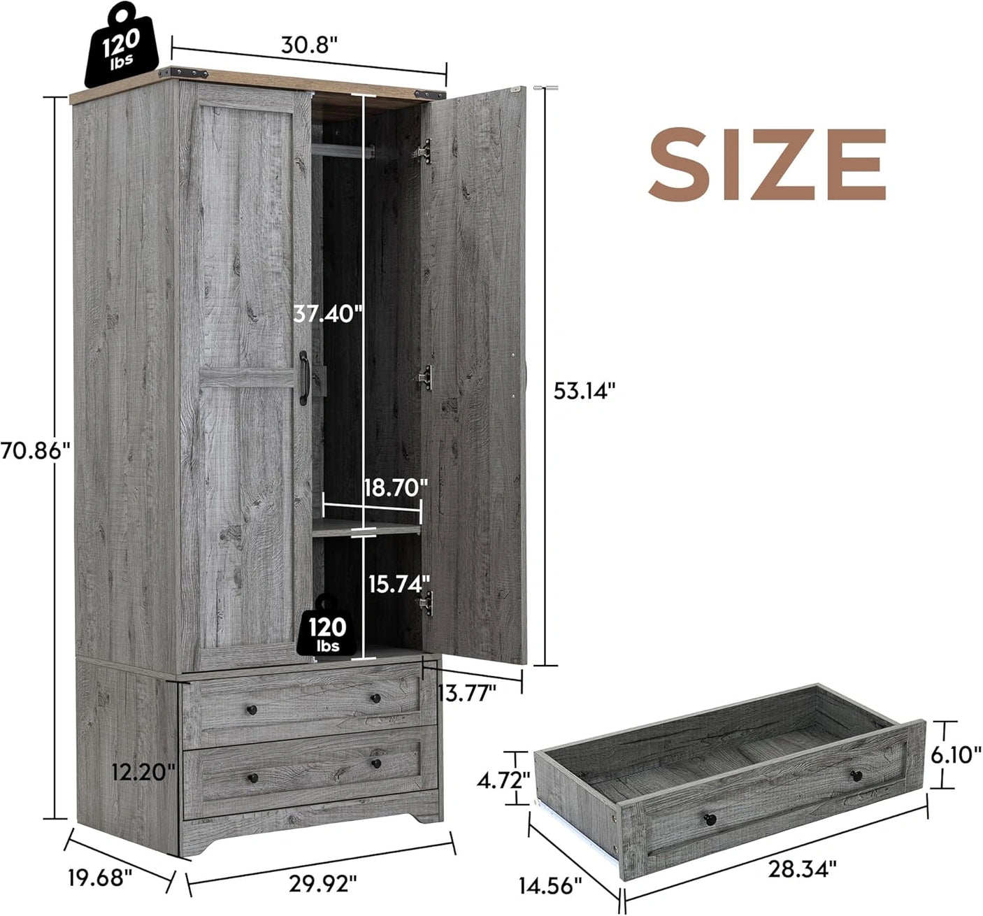 YECHEN 71" Modern Armoire Wardrobe: All-in-One Storage with 2 Drawers & Adjustable Shelves