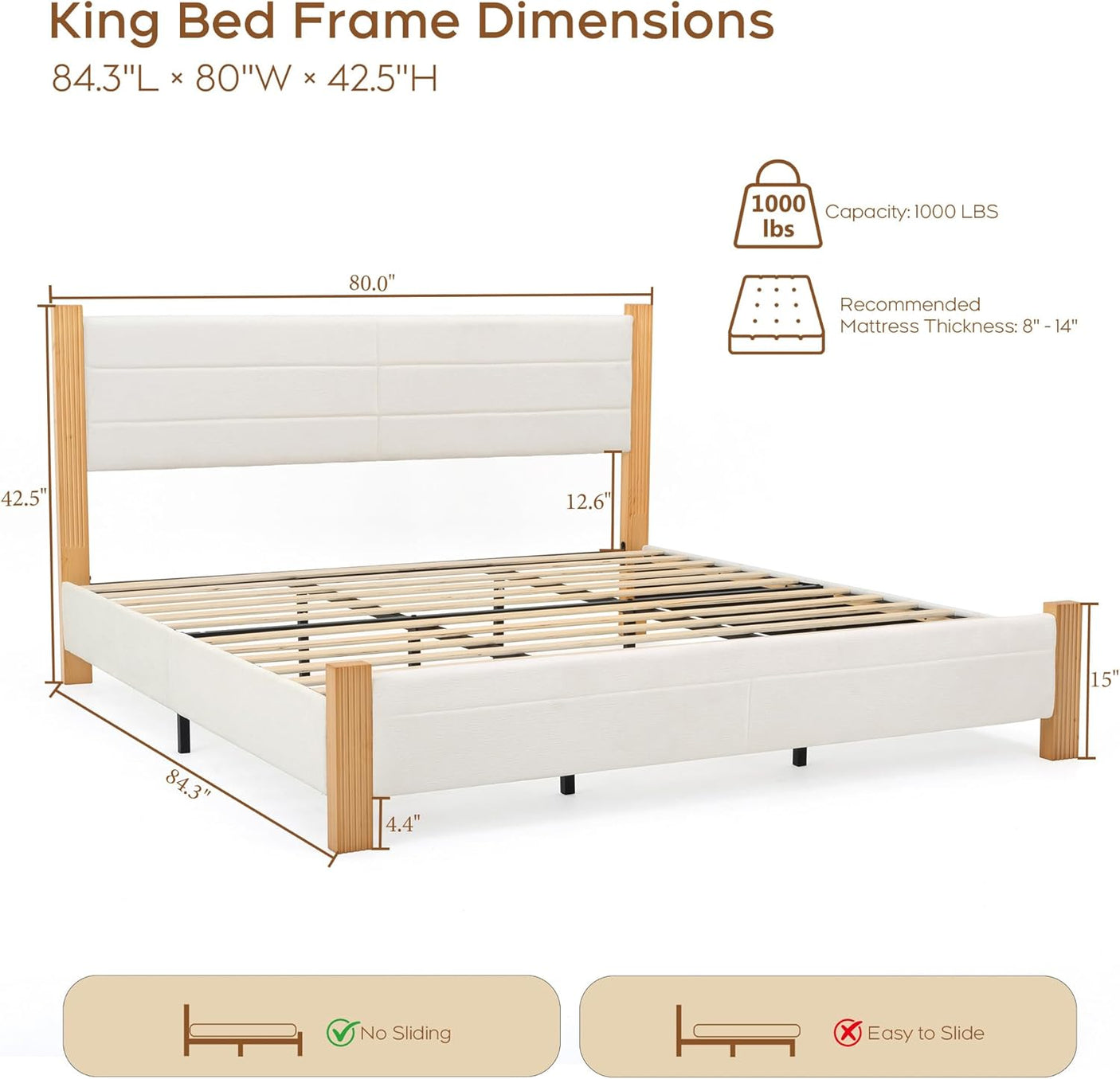 Yechen Upholstered Bed Frame with 47" Tall Headboard, Fluted Panel, Solid Pine Wood Legs, No Box Spring Needed, Off-White