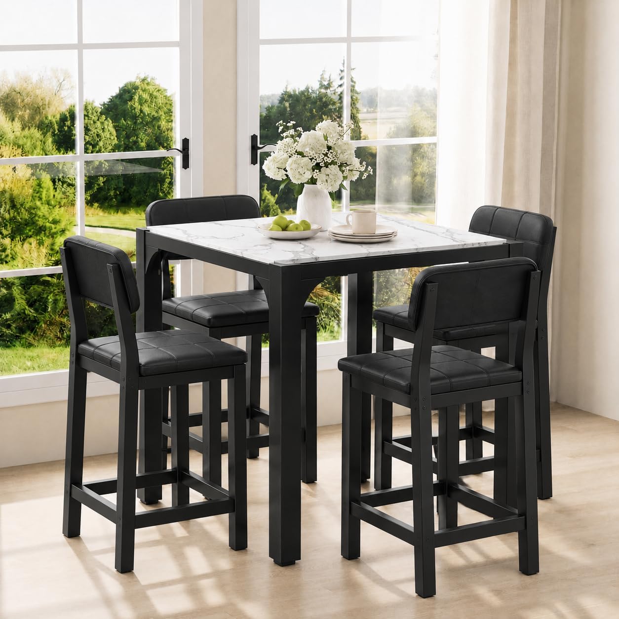 5-Piece Counter Height Dining Set | Marble-Look Top, Padded Chairs, Black