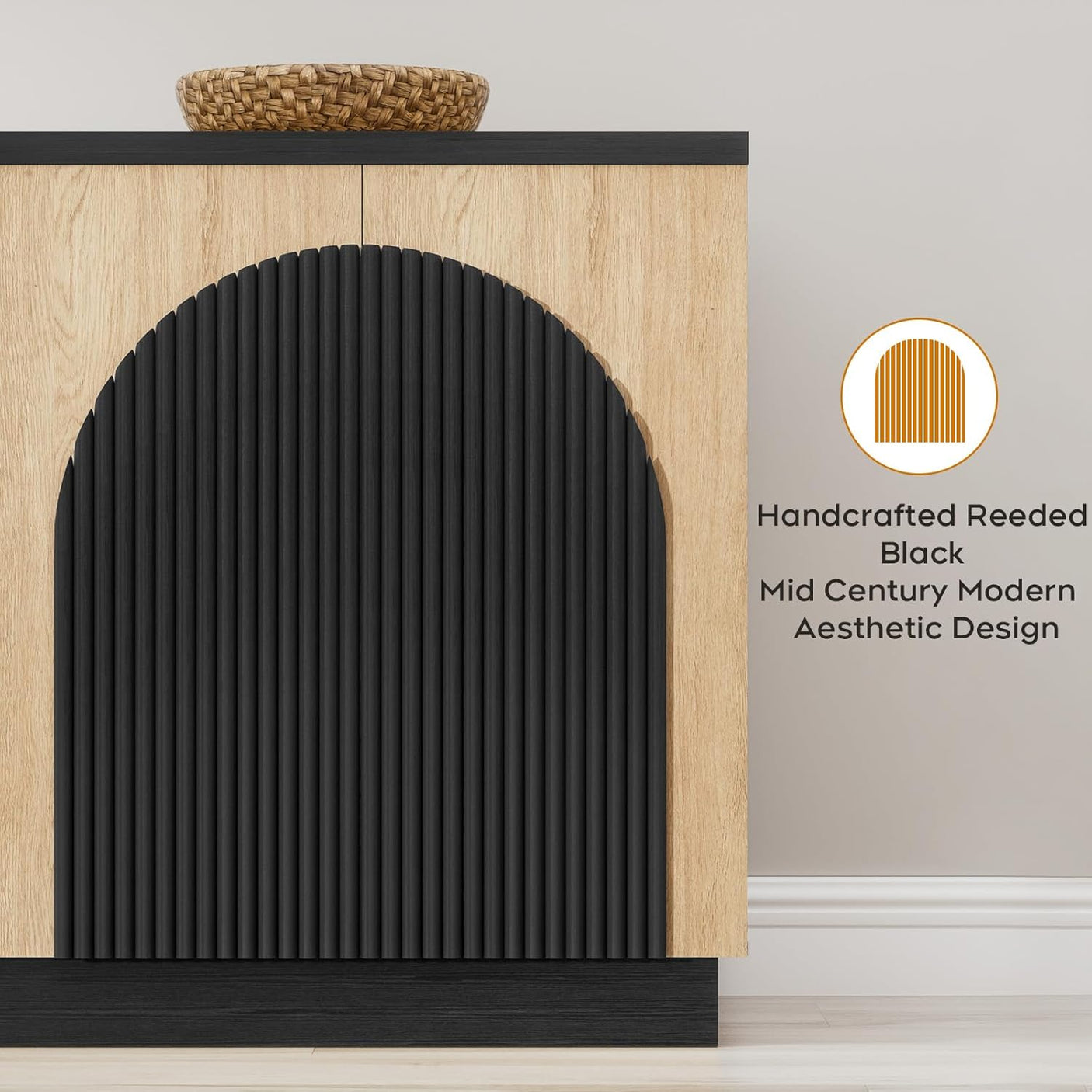 Arched Reeded Sideboard Buffet Cabinet | Black & Natural Oak