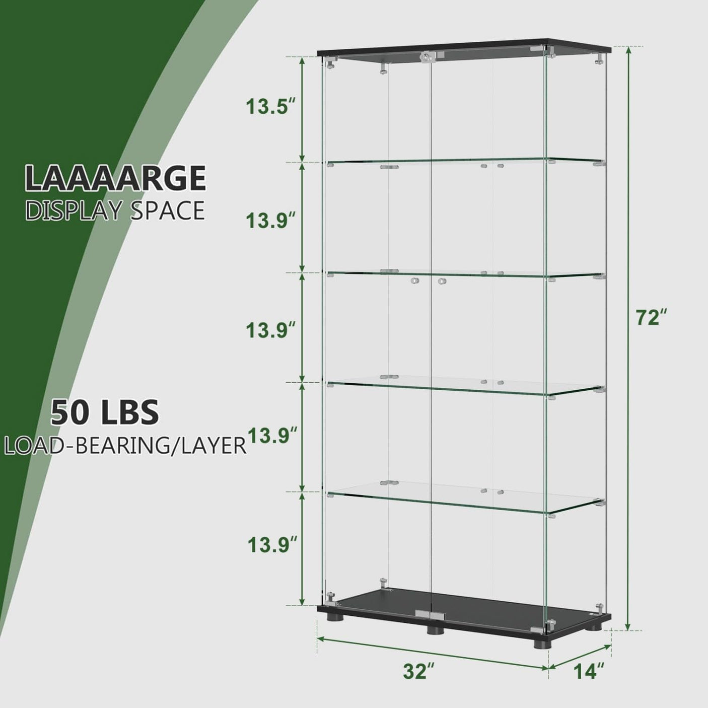 YECHEN Glass Display Cabinet with 5-Shelf | Tempered Glass Curio Cabinet with Lock, Double Doors & Anti-Topple Device