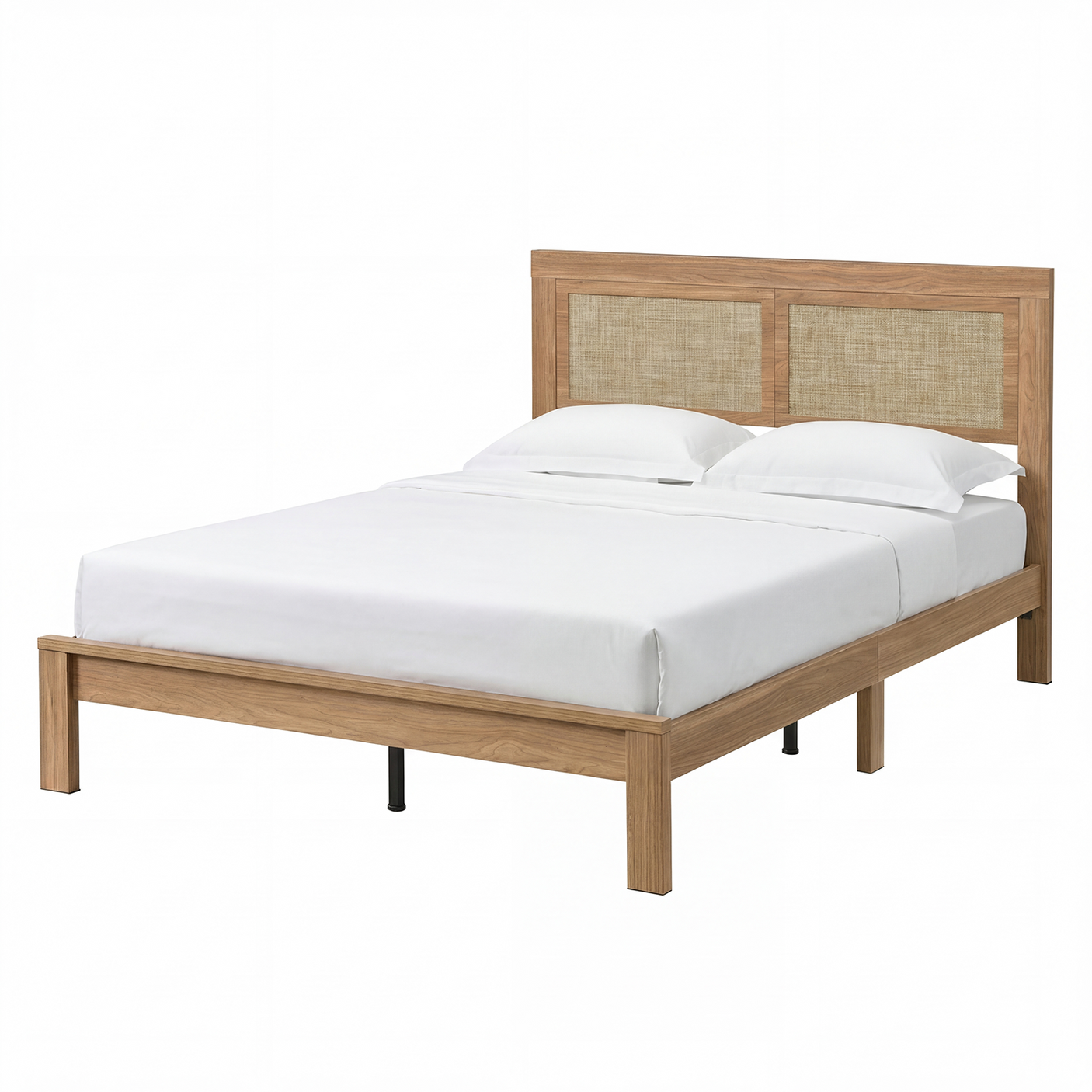 Rattan Boho Bed Frame with Headboard | Full Queen King | Natural Walnut Platform Bed