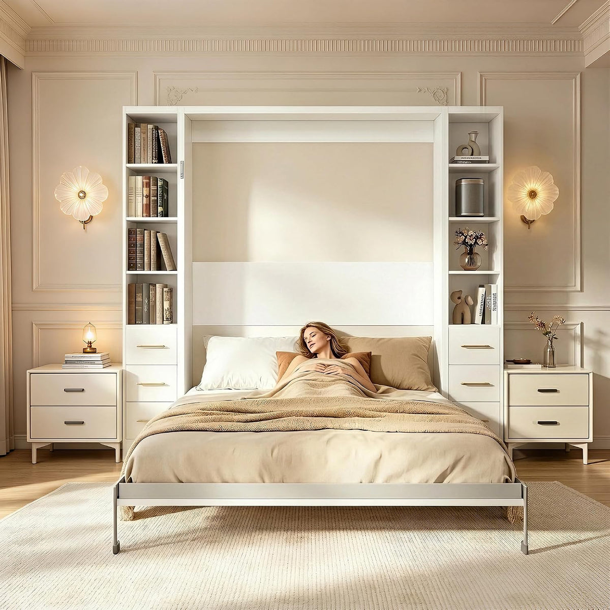 White Queen Murphy Bed with Dual Side Cabinets | Yechen Home