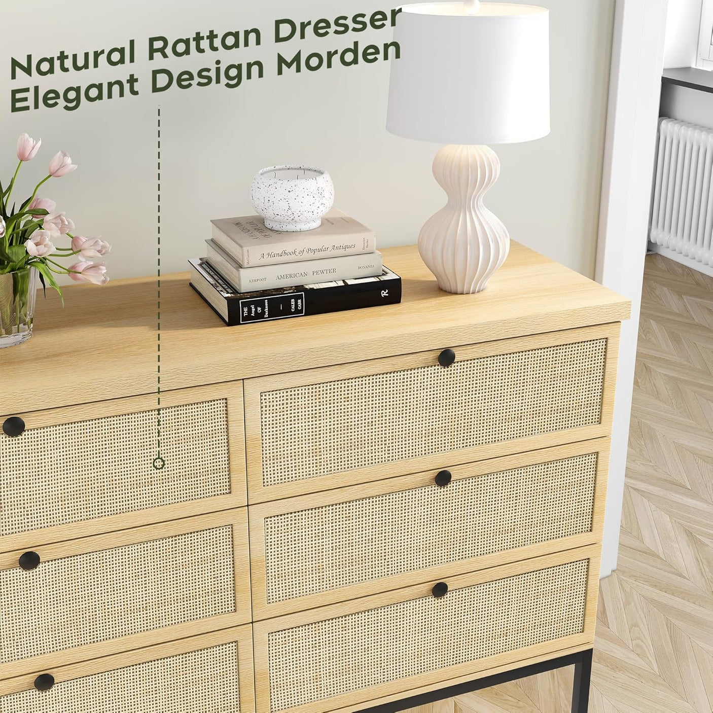 Modern 6 Drawer Dresser with Rattan Drawers