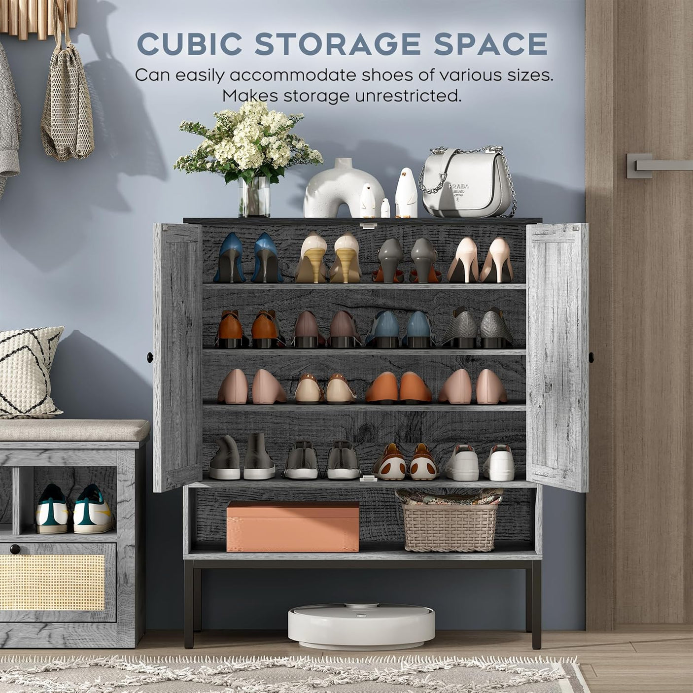 5-Tier Natural Rattan Entryway Shoe Storage Cabinet with Doors