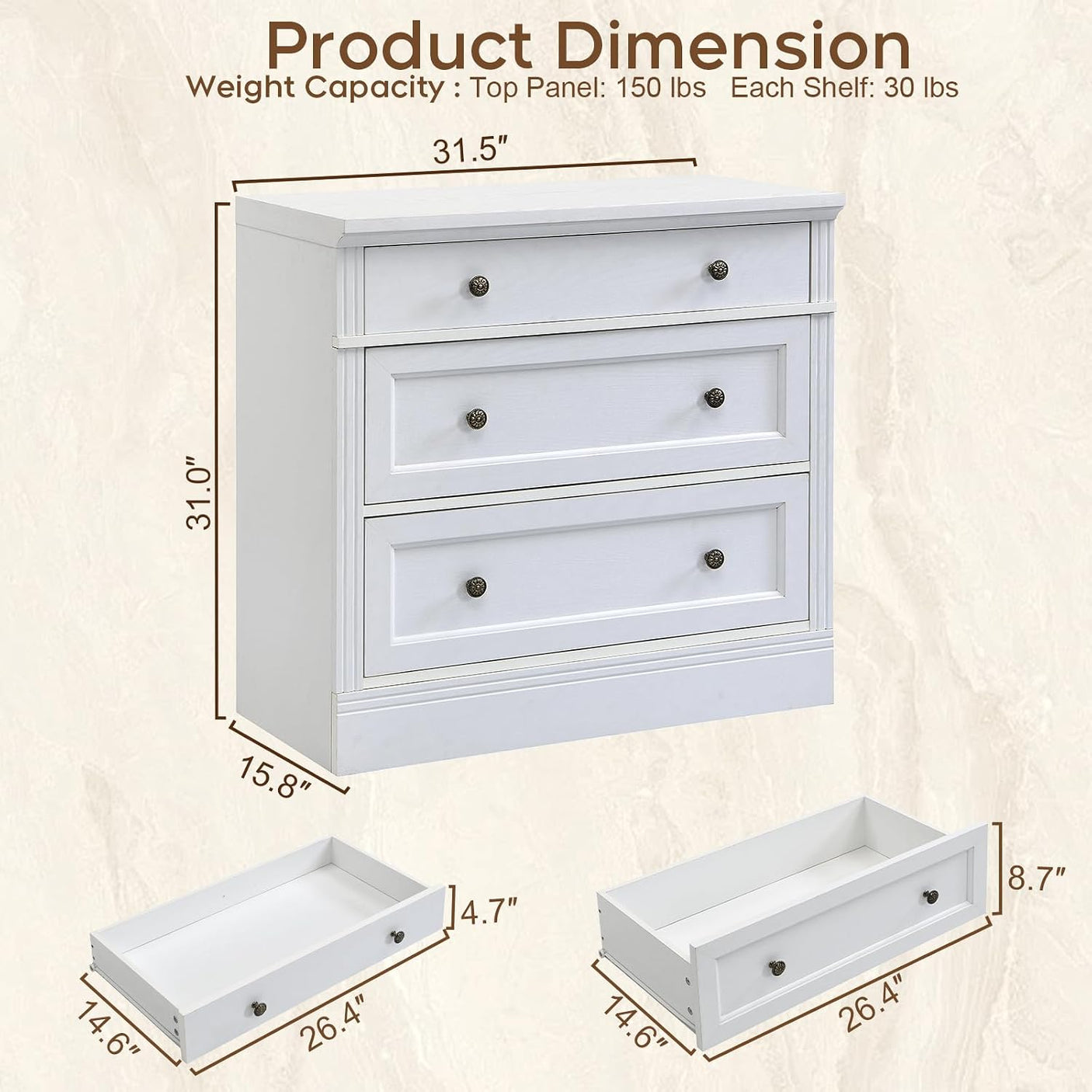 31.5" Oversized Nightstand with 3 Drawers | Light Oak, Ivory White & Walnut
