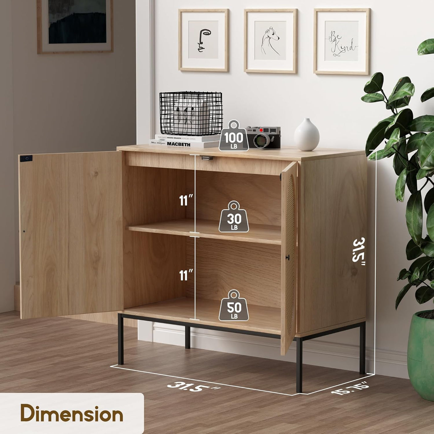 Natural Rattan Oval Sideboard Cabinet | Boho Buffet with Handwoven Doors & Adjustable Shelves