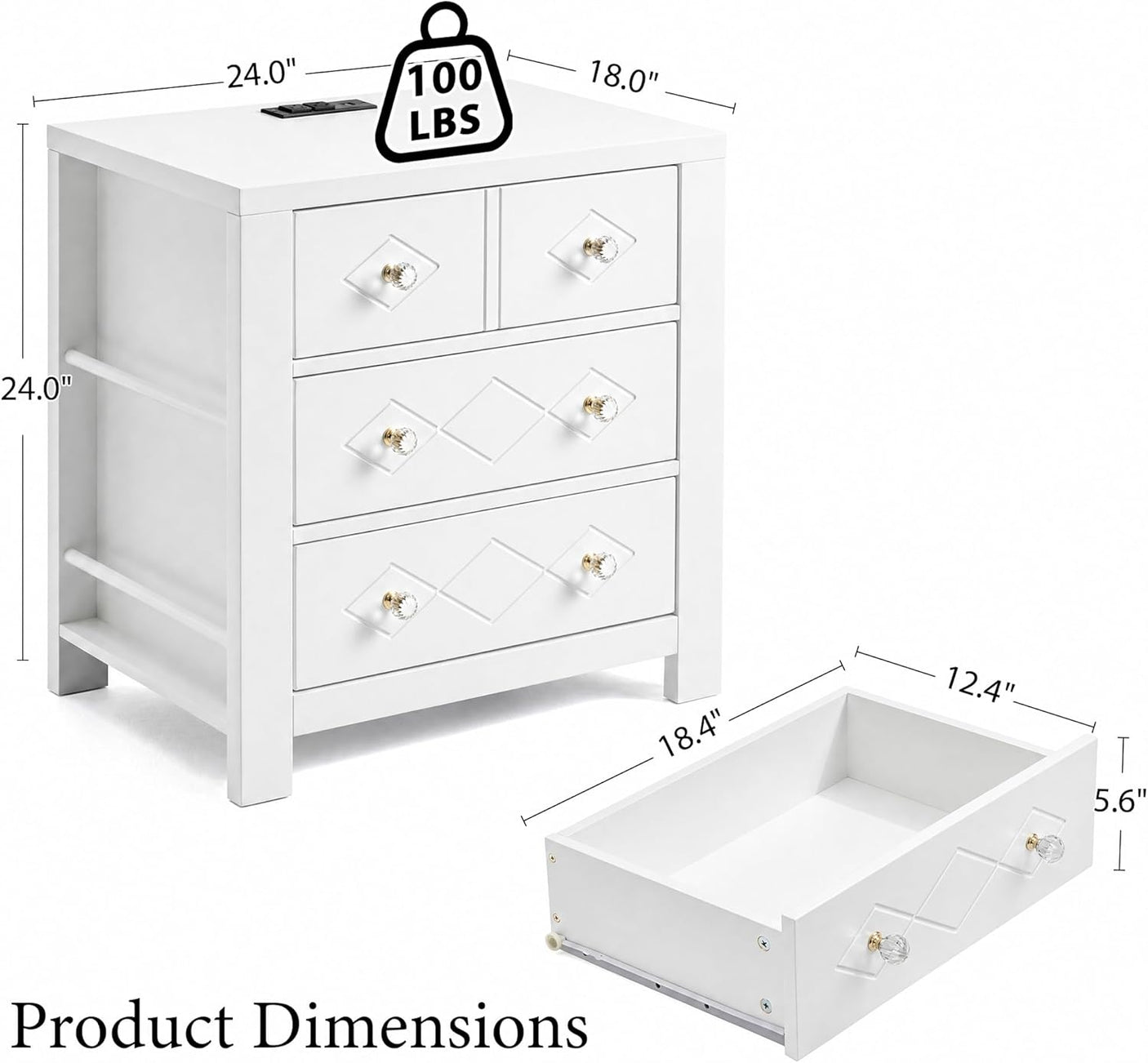 Yechen 3-Drawer Nightstand with USB-C & AC Outlets | Crystal Handles | White & Black
