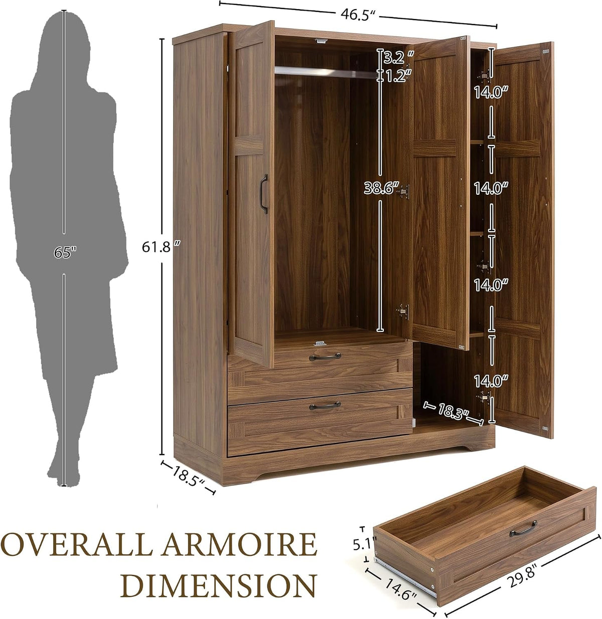 62" Walnut Armoire Wardrobe with Mirror, 3 Doors & 2 Drawers