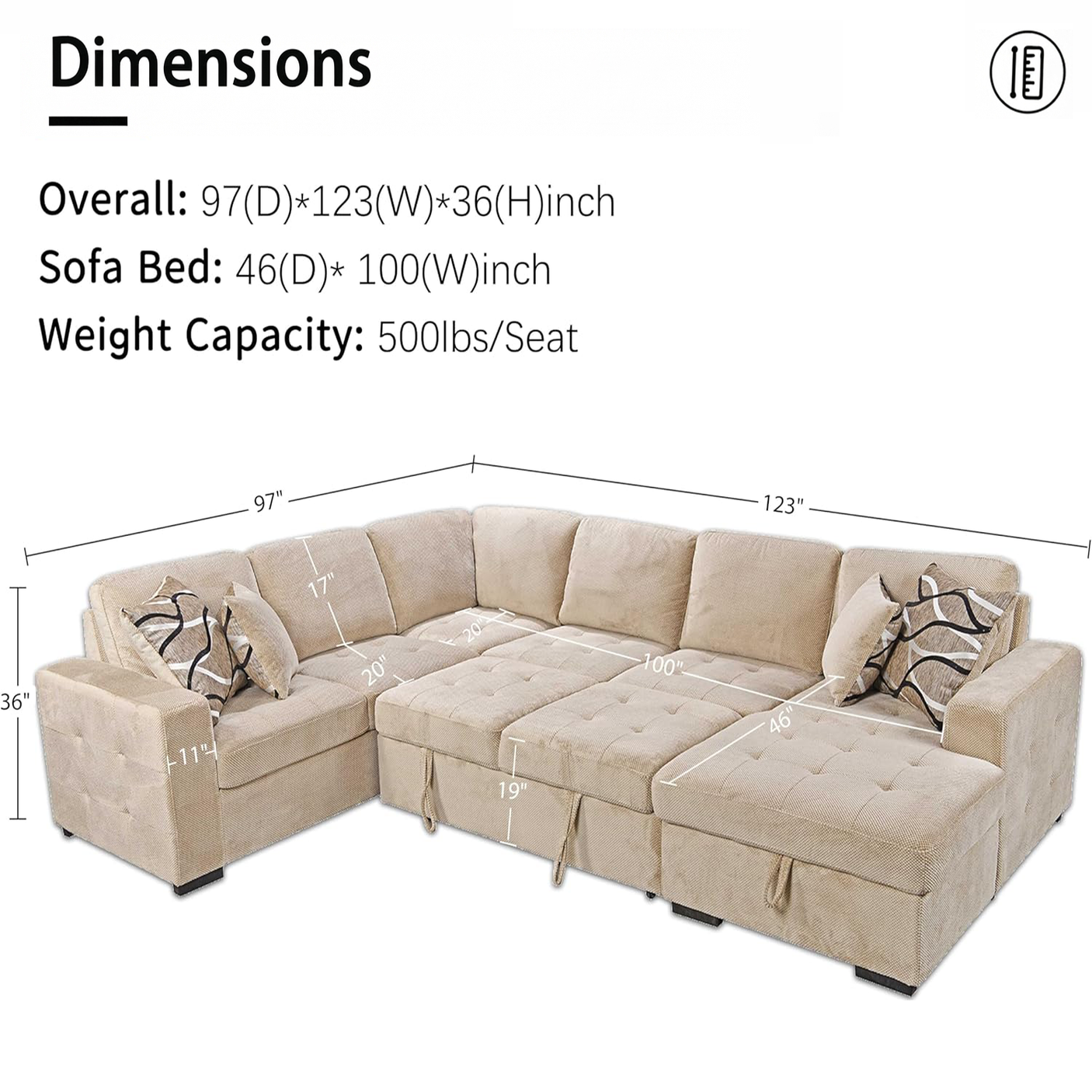 Yechen 123" U-Shaped Sectional Sleeper Sofa with Pull-Out Bed & Storage Chaise, 6-Seater