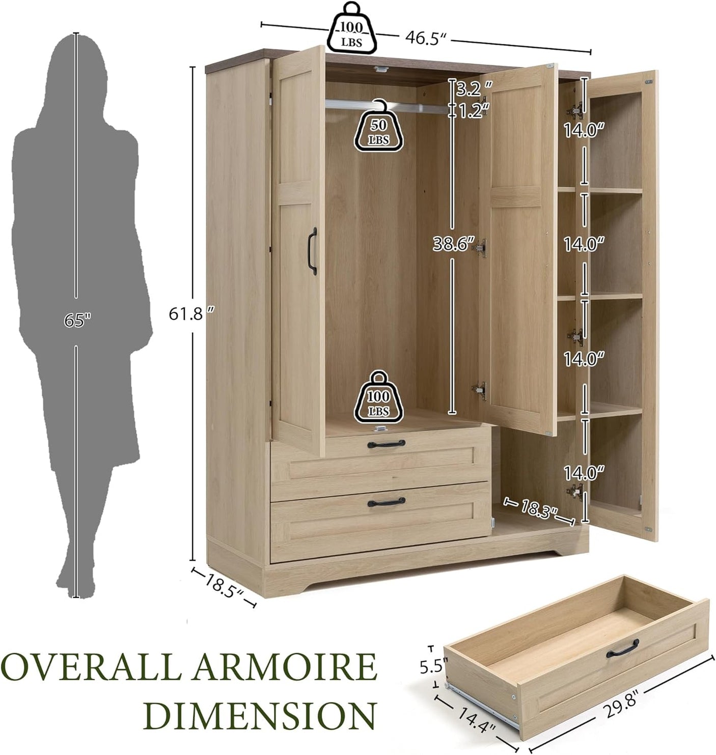 Yechen 3-Door Wooden Wardrobe Closet with Mirror, Drawers & Shelves, Farmhouse Armoire for Bedroom