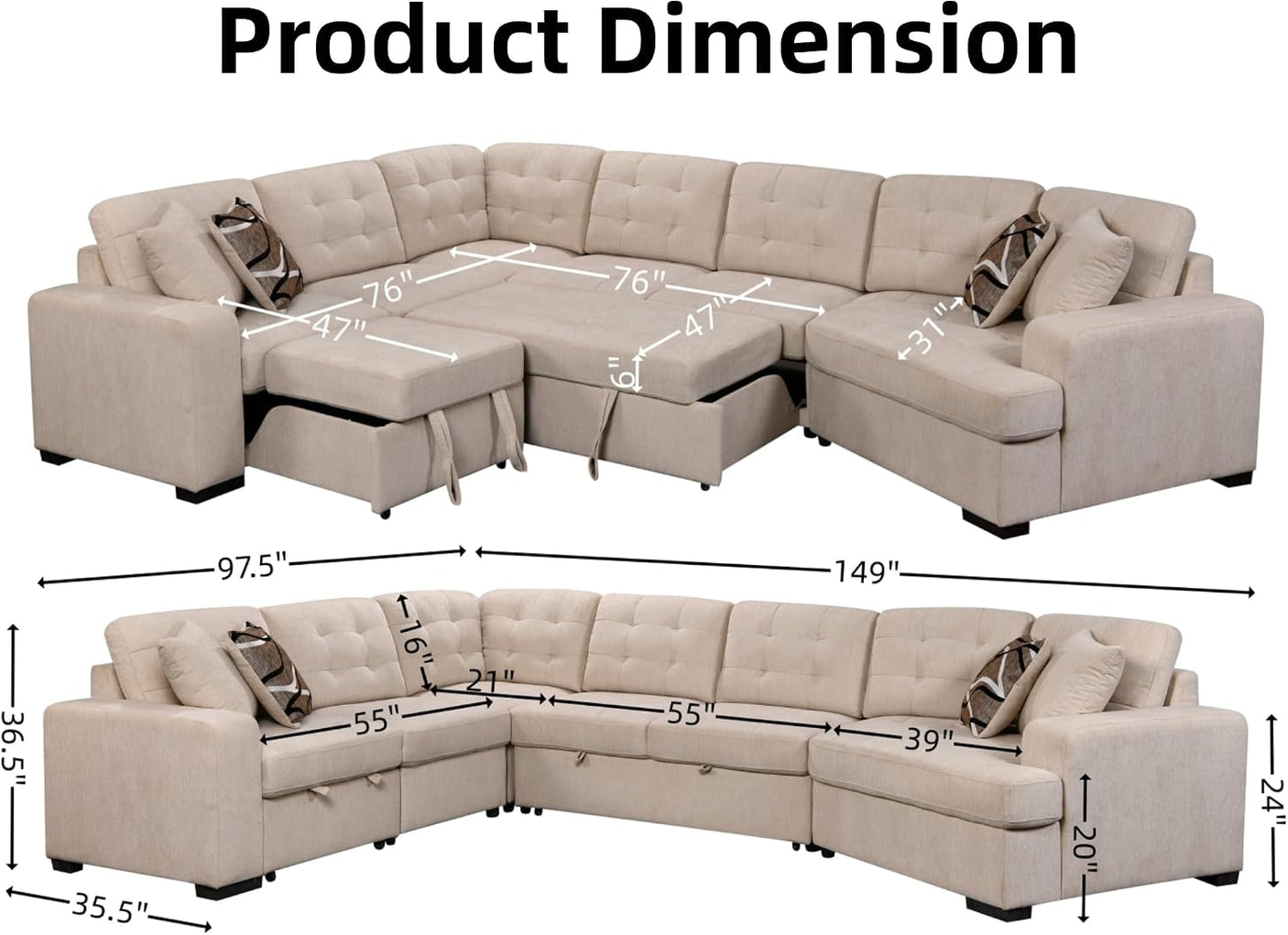 149'' Oversized Large Sectional Sleeper Sofa with Pull Out Bed & Cuddler | 7-Seater L-Shaped Sectional Couch with Chaise Lounge