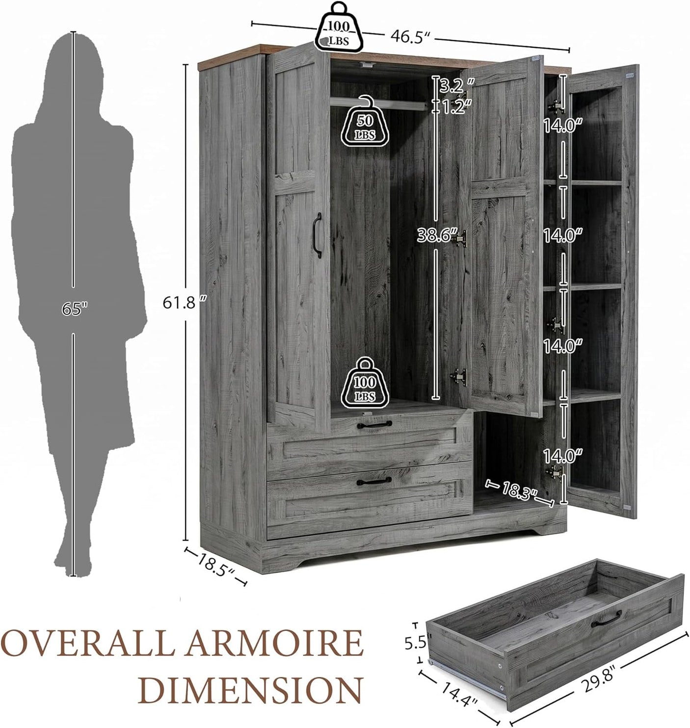 Yechen 3-Door Wooden Wardrobe Closet with Mirror, Drawers & Shelves, Farmhouse Armoire for Bedroom