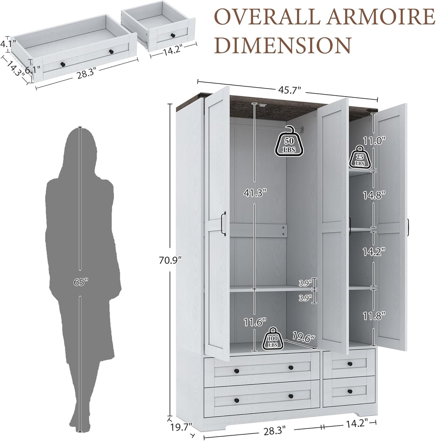 Yechen 71" 3-Door Wooden Armoire Wardrobe Closet with Mirror, 4 Drawers & Adjustable Shelves | White Farmhouse Bedroom Cabinet