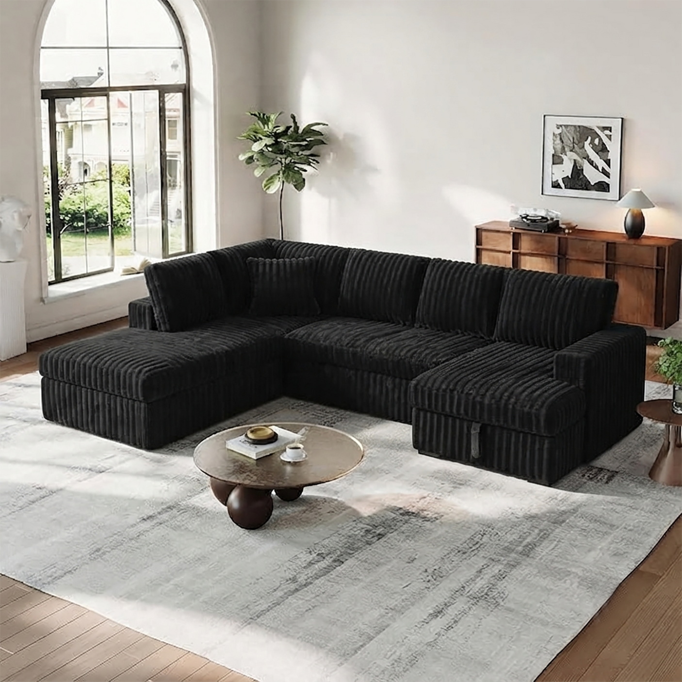 122'' U-Shaped Corduroy Sectional Sofa with Sleeper Bed & Storage Chaise