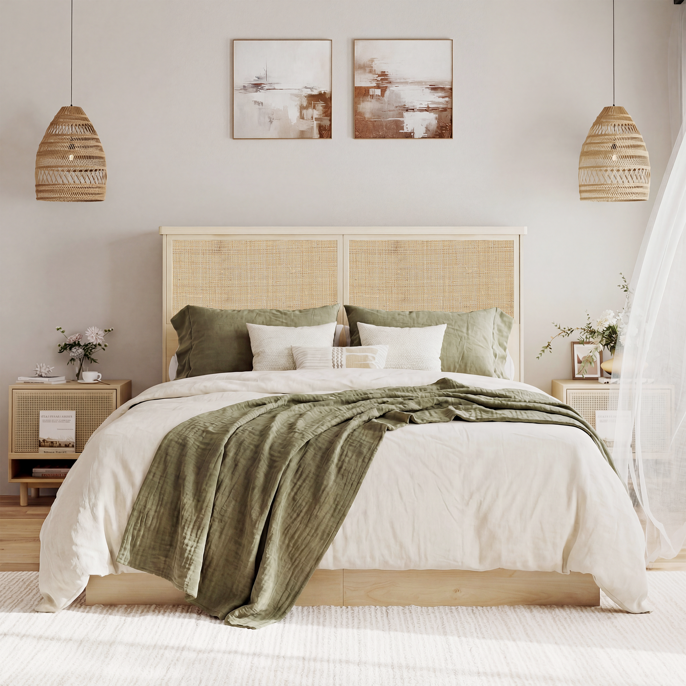 Boho Rattan Queen Bed Frame with Charging Station & 10 Storage Drawers