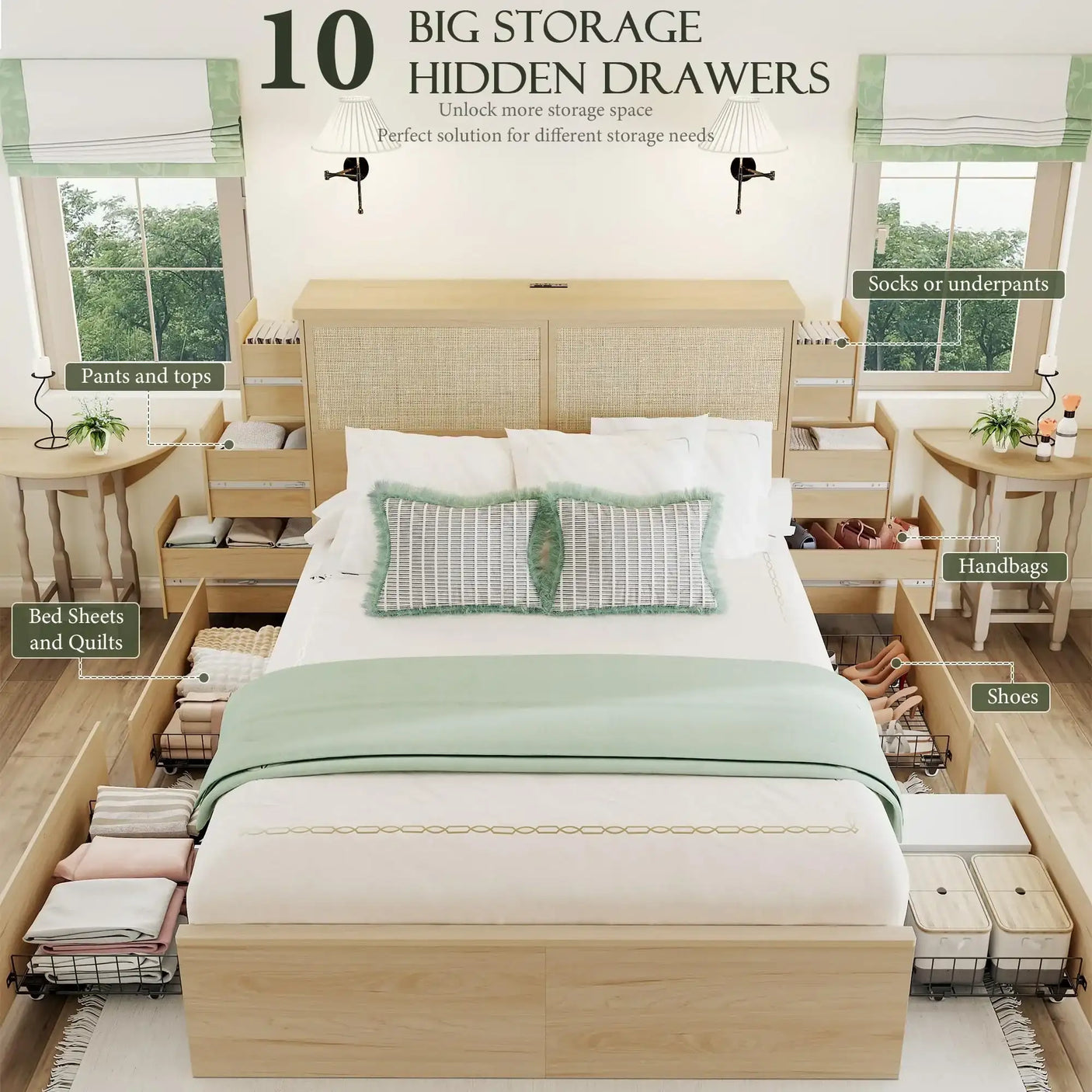 Boho Rattan Queen Beds Frame with Charging Station Headboard