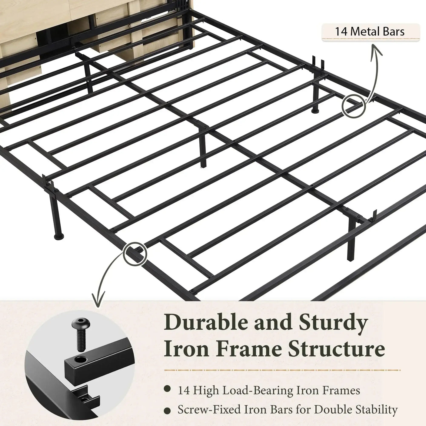 Boho Rattan Queen Beds Frame with Charging Station Headboard