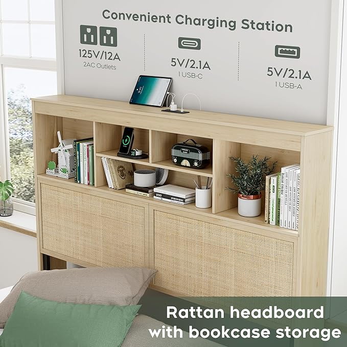 Boho Rattan Queen Beds Frame with Charging Station Headboard