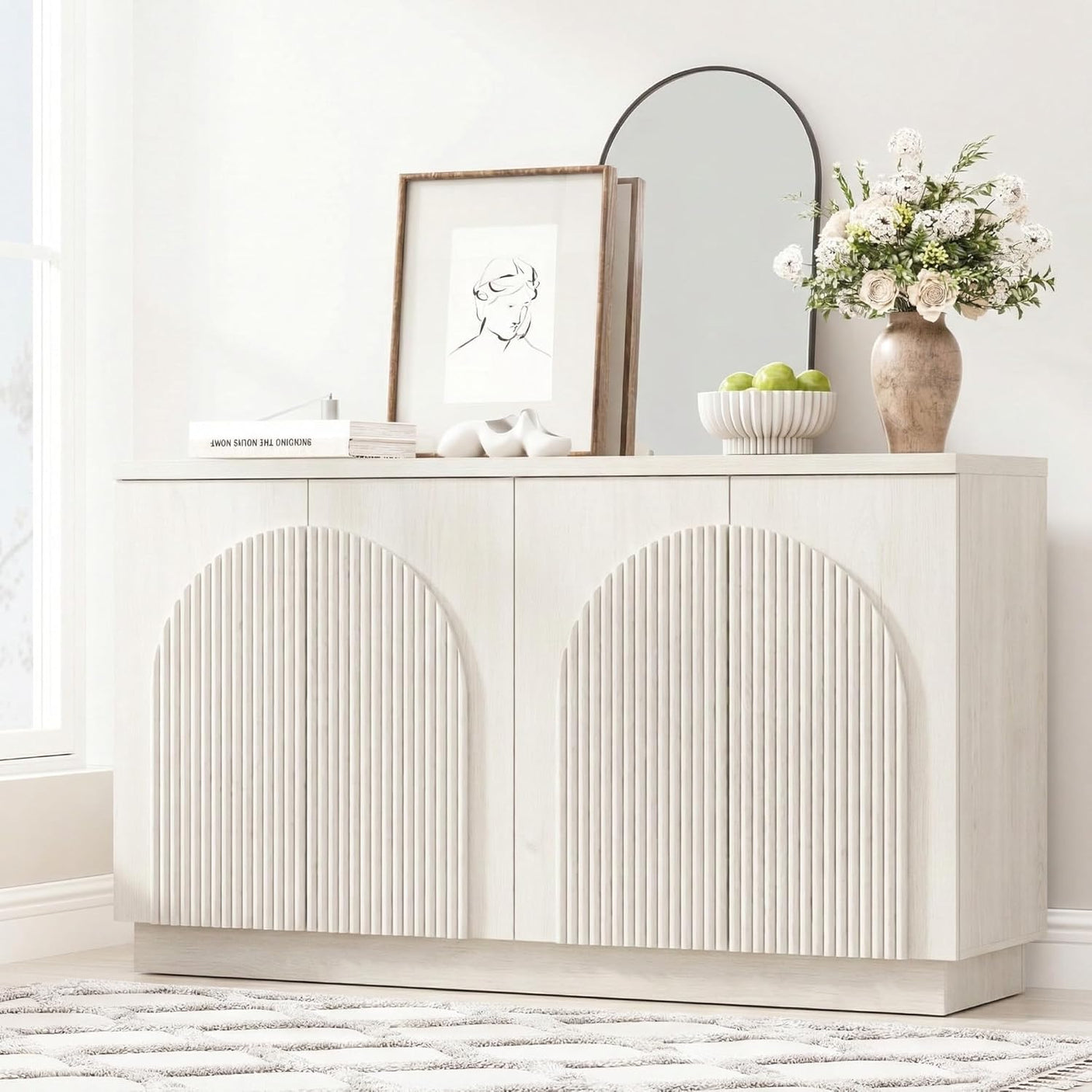 Arched Reeded Sideboard Buffet Cabinet — 55" Wide, 4-Door Modern Storage