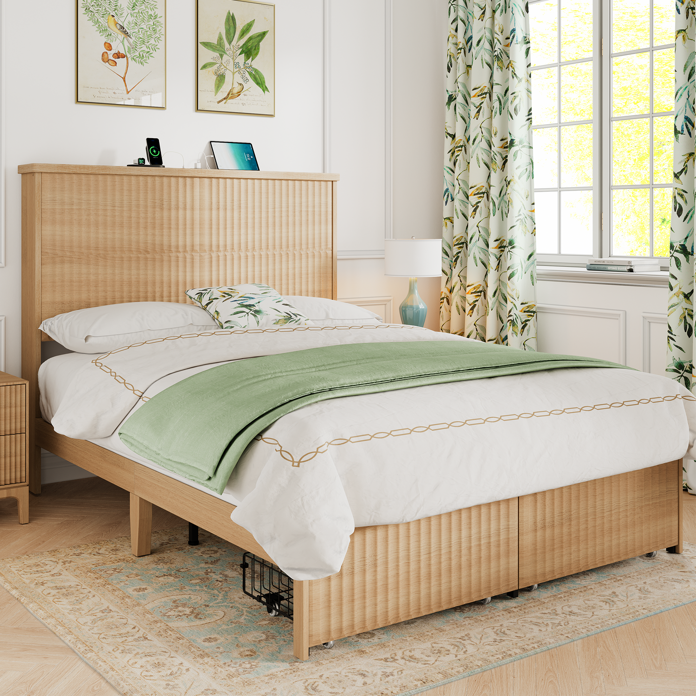 Retro Fluted Queen Bed Frame with 55" Tall Headboard and Storage Drawers