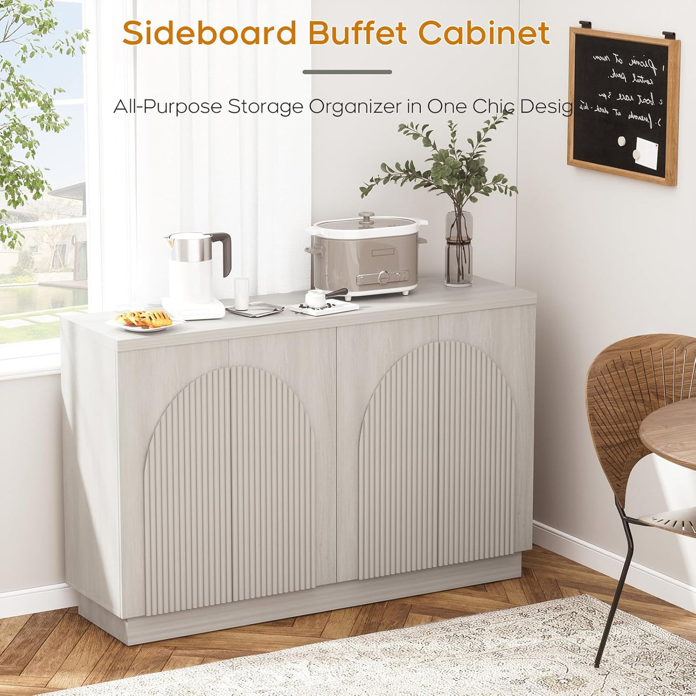 Arched Reeded Sideboard Buffet Cabinet — 55" Wide, 4-Door Modern Storage